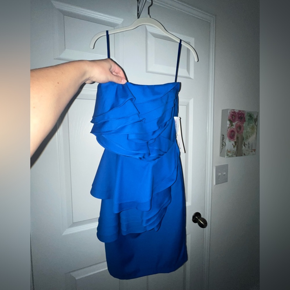 Cobalt blue strapless cocktail dress